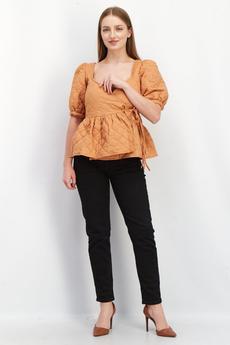 Asos Design Women Surplice Neck Puffed Sleeves Quilted Top, Brown - Image 4