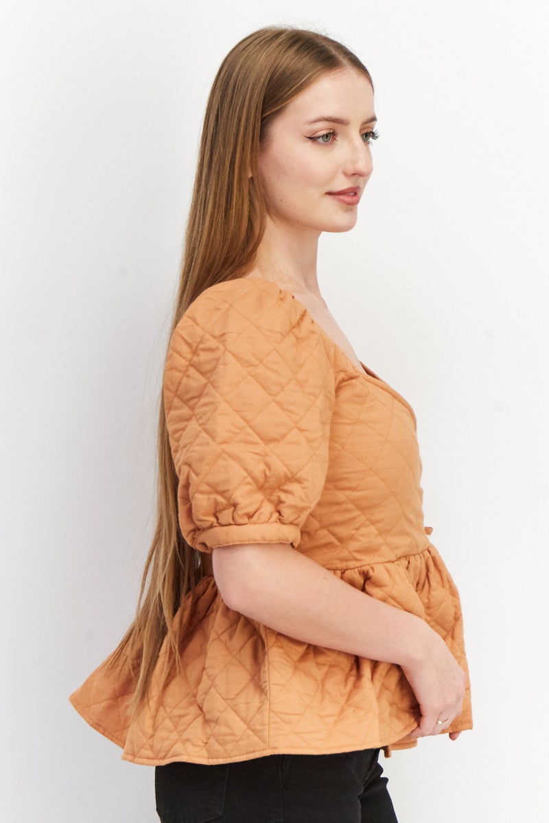 Asos Design Women Surplice Neck Puffed Sleeves Quilted Top, Brown - Image 4