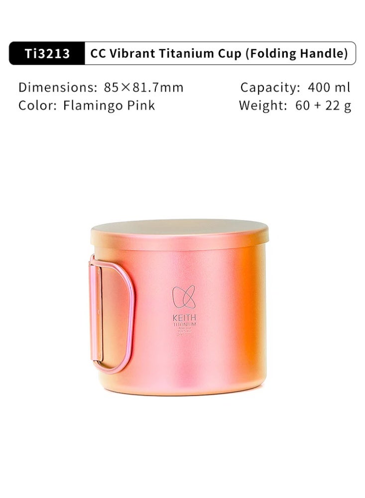 KEITH Titanium Ti3213 CC Vibrant Titanium Cup 400ml, Pure Titanium Camping Mug with Folding Handle and Lid – Flamingo Pink