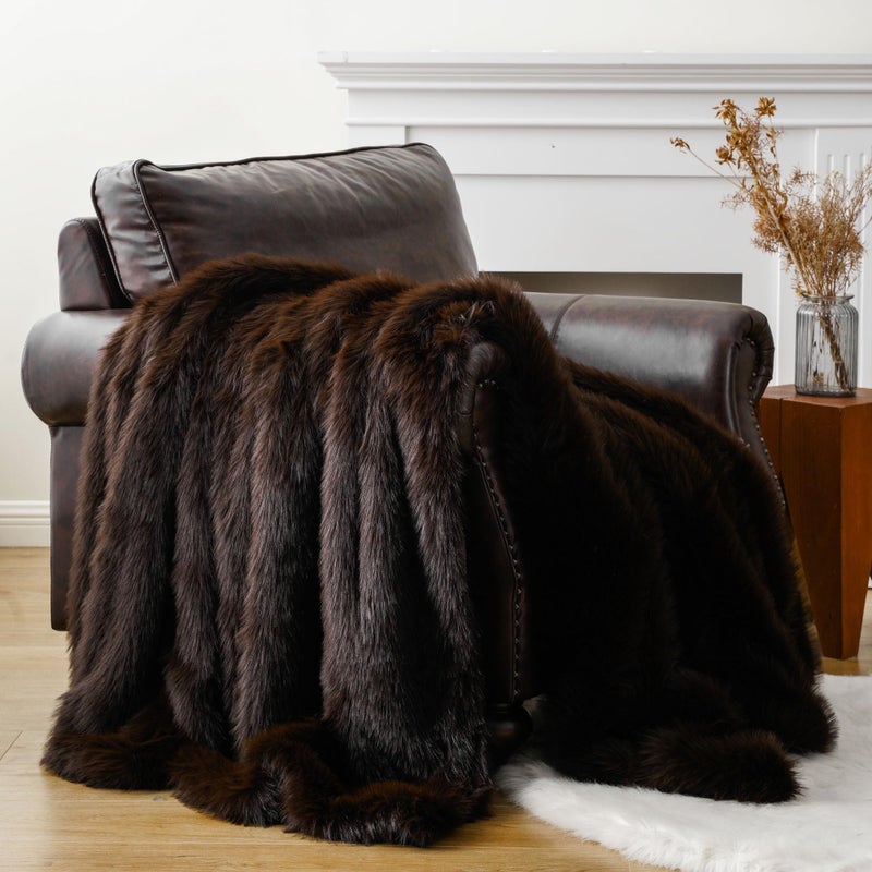 BATTILO HOME Luxury Fluffy Brown Faux Fur Throw Blanket, Cozy Warm Fur Blanket for Couch, Sofa, Chair, Bed, Plush Fuzzy Fur Throws with Long Pile, 50"x60" - Image 1