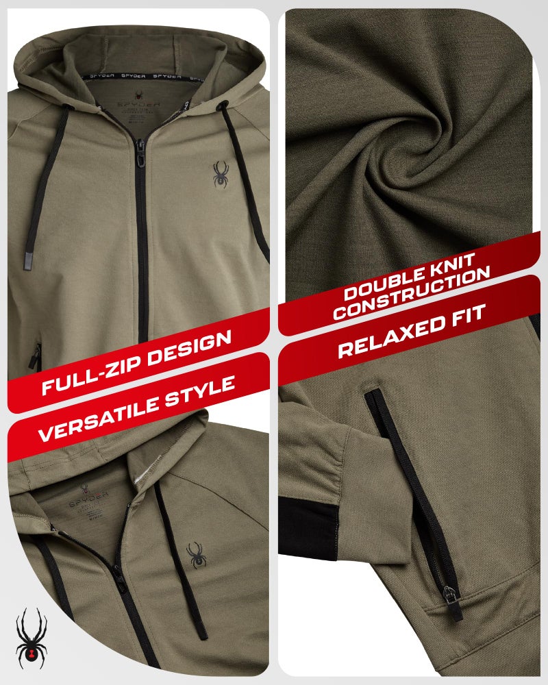 Spyder Mens Zip up Hoodie - Athletic Tech Double Knit Full Zip Gym & Workout Hoodies for Men with Side Pockets, Size Small, Brown Stone - Image 2