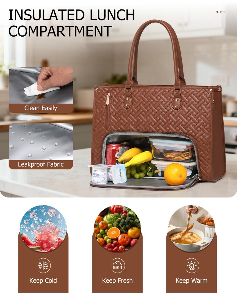 BAVERGE Lunch Tote Bag for Women, Vegan Leather 15.6â€ Laptop Bag with Insulated Compartment Quilted Purse for Work Teacher Nurse - Image 4
