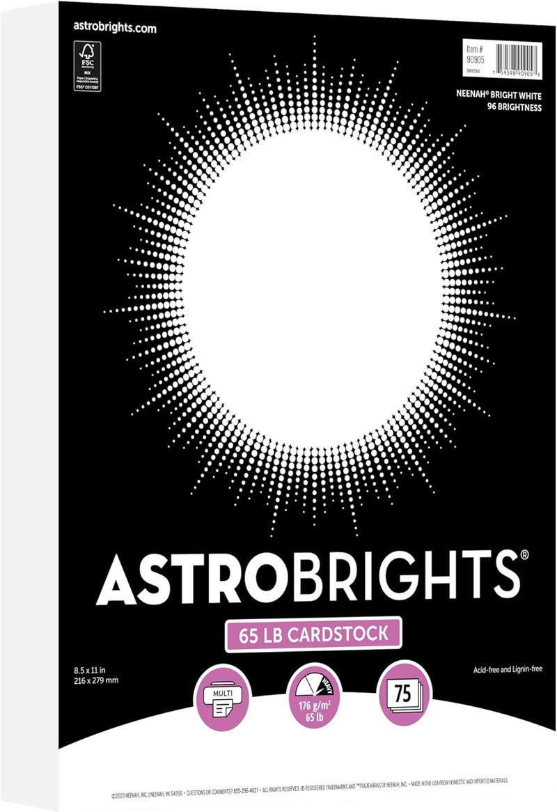 Astrobrights Neenah Bright White Premium Cardstock, 65 lb, 8.5x11 inches, 75 Sheets - Image 1