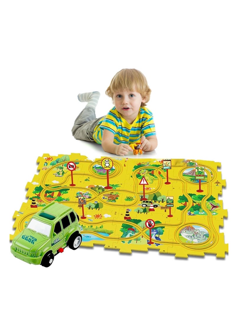 Altheqa Puzzle Track Car Play Set, Plastic Floor Puzzles for Kids With Vehicles, Railcar Puzzle, Car Tracks for Toddlers, Educational Montessori Car Toys - Image 1