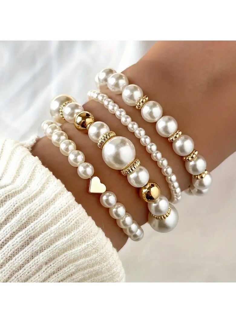 Goolsky 4pcs White Faux Pearls Beads Beaded Bracelet Set Elegant Handmade Hand String Jewelry Accessory  - Image 1