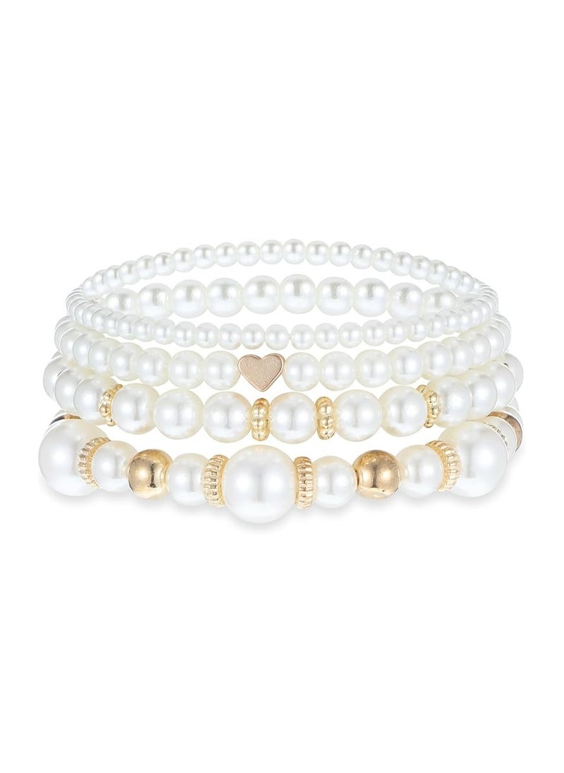 Goolsky 4pcs White Faux Pearls Beads Beaded Bracelet Set Elegant Handmade Hand String Jewelry Accessory  - Image 2