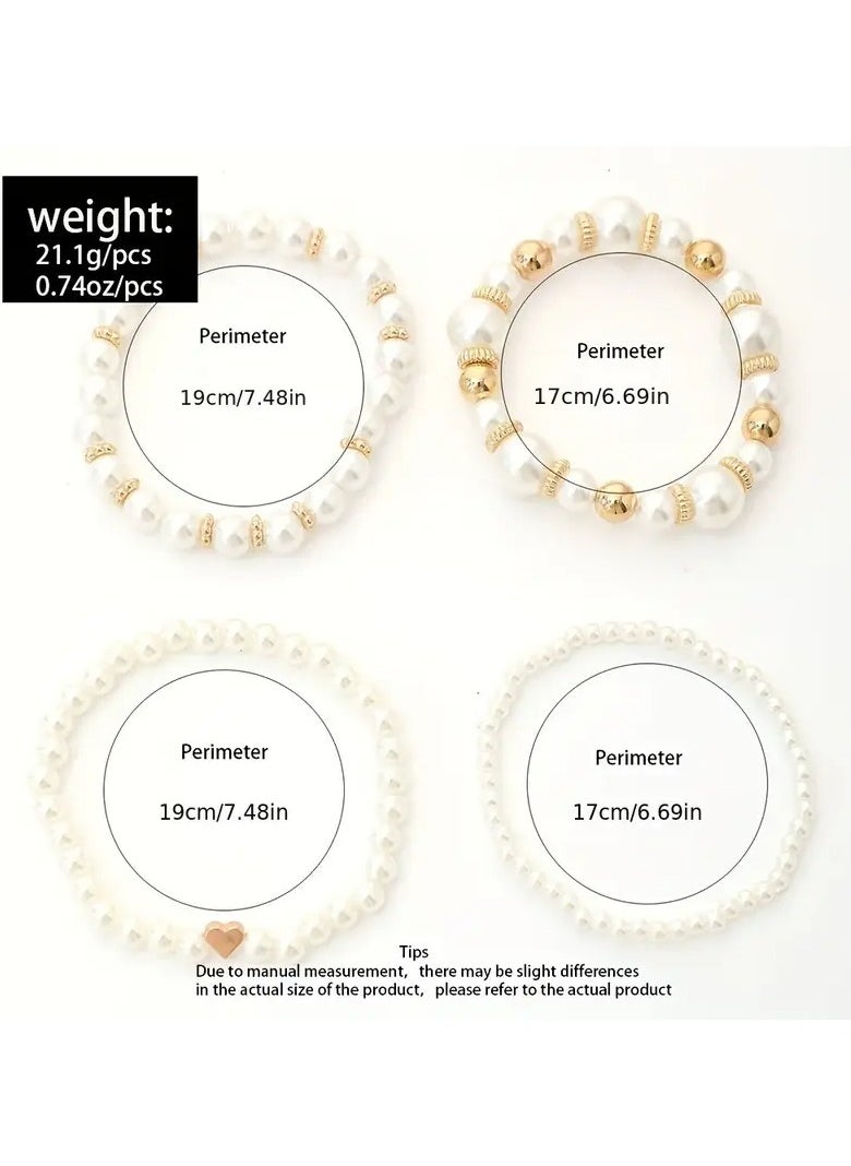 Goolsky 4pcs White Faux Pearls Beads Beaded Bracelet Set Elegant Handmade Hand String Jewelry Accessory  - Image 3