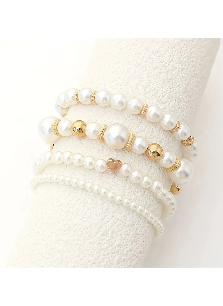 Goolsky 4pcs White Faux Pearls Beads Beaded Bracelet Set Elegant Handmade Hand String Jewelry Accessory  - Image 4