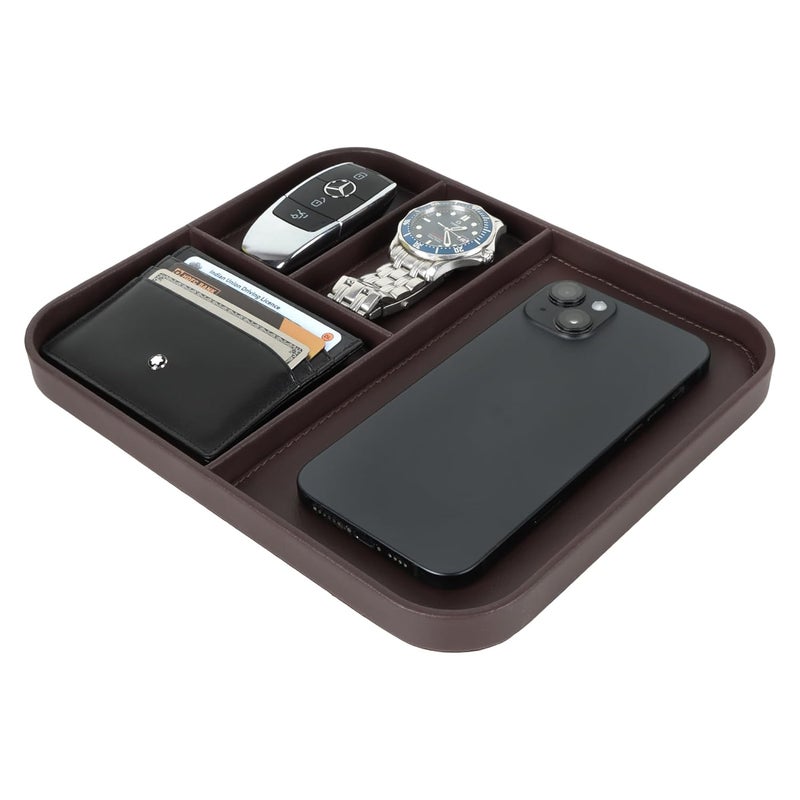 V-CUBE DESIGNS Premium Vegan Leather Valet Tray|Stylish & Modern Office Desk Tray| Table/Bedside/Entryway Organiser for everyday essentials like Keys, Phone, Watch, Wallet, Jewellery|Spill-Proof|Brown - Image 4