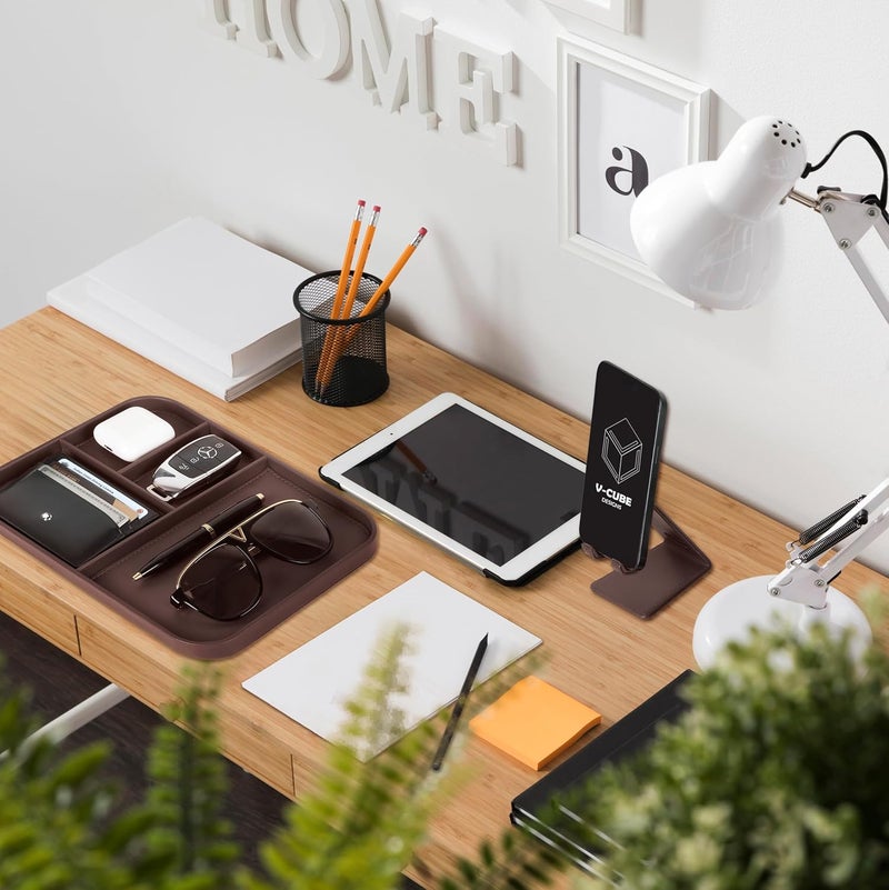 V-CUBE DESIGNS Premium Vegan Leather Valet Tray|Stylish & Modern Office Desk Tray| Table/Bedside/Entryway Organiser for everyday essentials like Keys, Phone, Watch, Wallet, Jewellery|Spill-Proof|Brown - Image 3