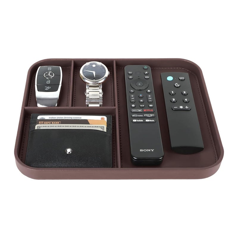 V-CUBE DESIGNS Premium Vegan Leather Valet Tray|Stylish & Modern Office Desk Tray| Table/Bedside/Entryway Organiser for everyday essentials like Keys, Phone, Watch, Wallet, Jewellery|Spill-Proof|Brown - Image 5