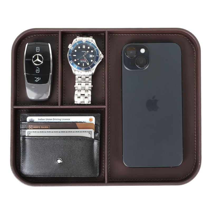 V-CUBE DESIGNS Premium Vegan Leather Valet Tray|Stylish & Modern Office Desk Tray| Table/Bedside/Entryway Organiser for everyday essentials like Keys, Phone, Watch, Wallet, Jewellery|Spill-Proof|Brown - Image 1