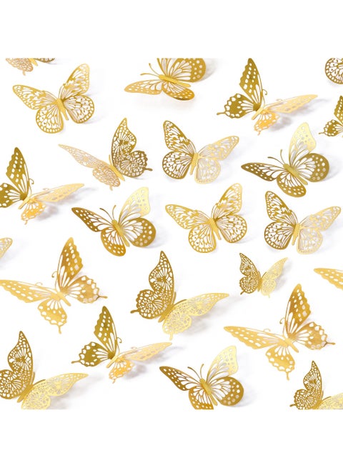 3D Butterfly Wall Sticker，3D butterfly wall art sticker, 48 Pcs 4 Styles 3 Sizes, Gold Butterfly Decorations for Butterfly Birthday Decorations Butterfly Party Decorations Cake Decorations, Removable Stickers (Gold)