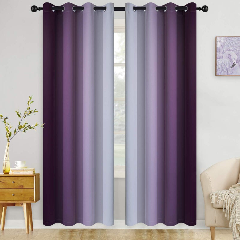 COSVIYA Grommet Ombre Room Darkening Curtains 84 inch Length 2 Panels,Purple and Grayish White Gradient Drapes Light Blocking Insulated Thermal Window Curtains for Bedroom/Living Room,52x84 inches - Image 1
