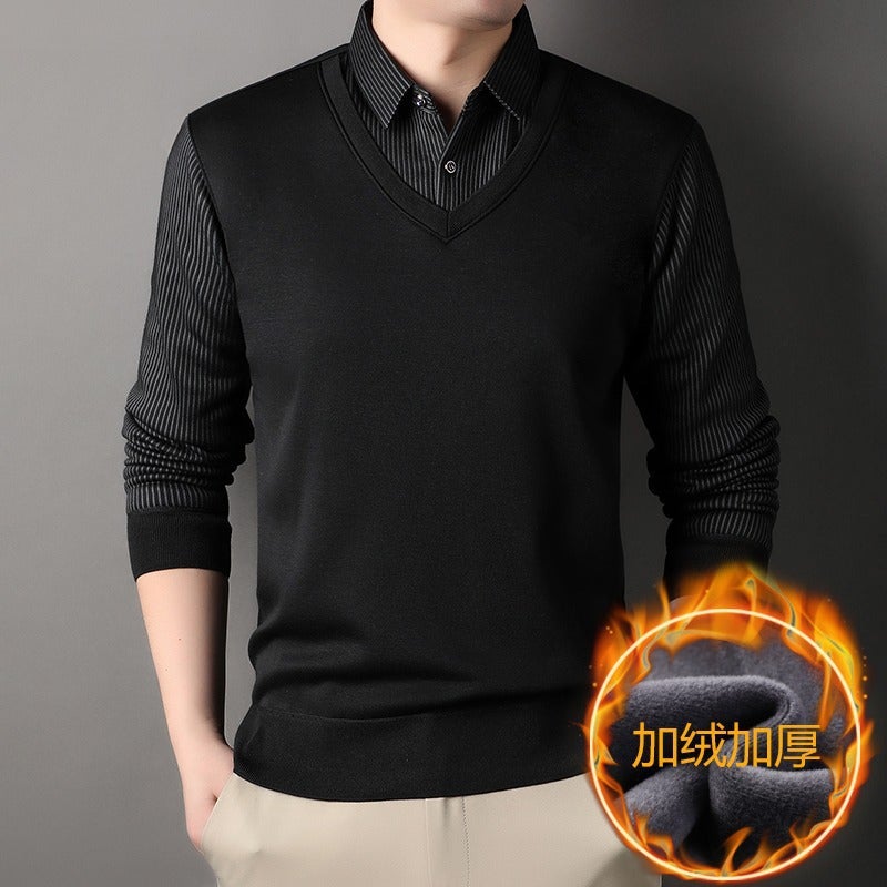 Advanced Sense Fake Two-Piece Sweater Knitted Jacket Shirt Collar Fleece-Lined Thickened Warm New Style Striped Polo Shirt Base - Image 3