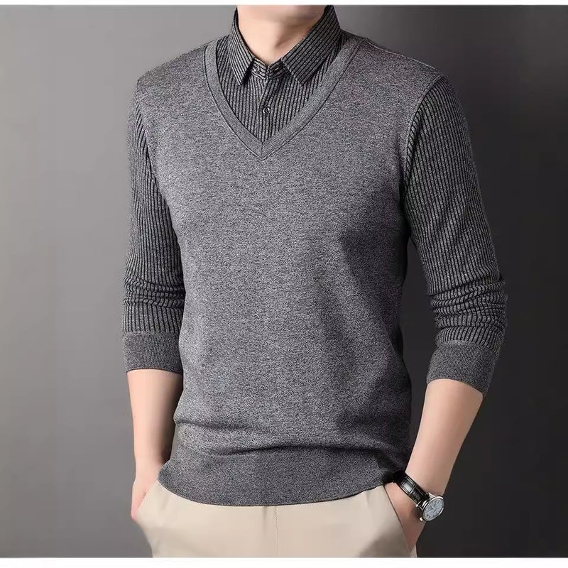 Advanced Sense Fake Two-Piece Sweater Knitted Jacket Shirt Collar Fleece-Lined Thickened Warm New Style Striped Polo Shirt Base - Image 4