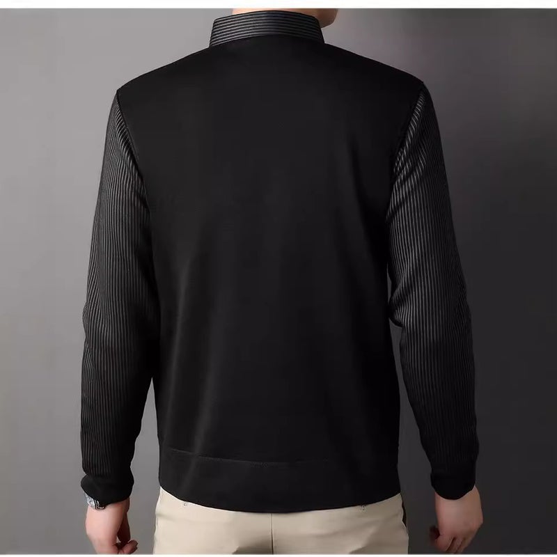 Advanced Sense Fake Two-Piece Sweater Knitted Jacket Shirt Collar Fleece-Lined Thickened Warm New Style Striped Polo Shirt Base - Image 5
