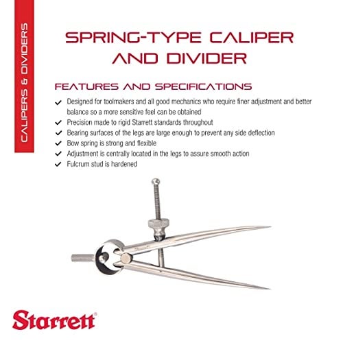 Starrett Toolmakers Spring-Type Caliper and Divider with Bow Spring and Hardened Fulcrum Stud - 3" Size and Capacity, Spring Joint Type - 277-3 - Image 2