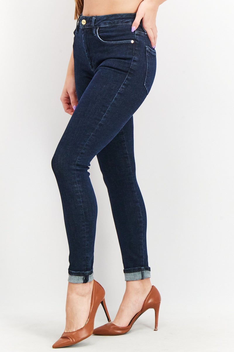 FRAME Women Skinny Fit Dark Washed Stretchable Denim Jeans, Navy - Image 3