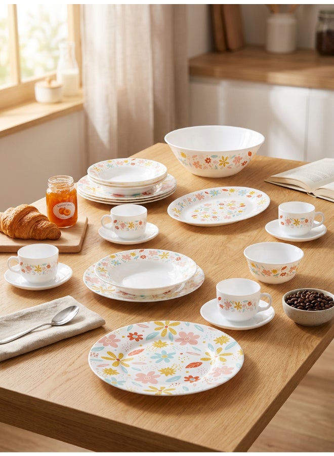 arcopal Luminarc Essense Arcopal Harlowe 38 Piece Dinner Set includes 6 x 26cm Dinner Plates, 6 x 21.5cm Soup Plates, 6 x 19.6cm Dessert Plates, 6 x 12cm Bowls, 1x 21cm Salad Bowl, 1 x 33cm Oval Platter,   6 x 22cl Cup, 6 x 14cm Saucer, Tempered High Qualtiy Glass, Chip resistant, Microwave Safe - Image 3