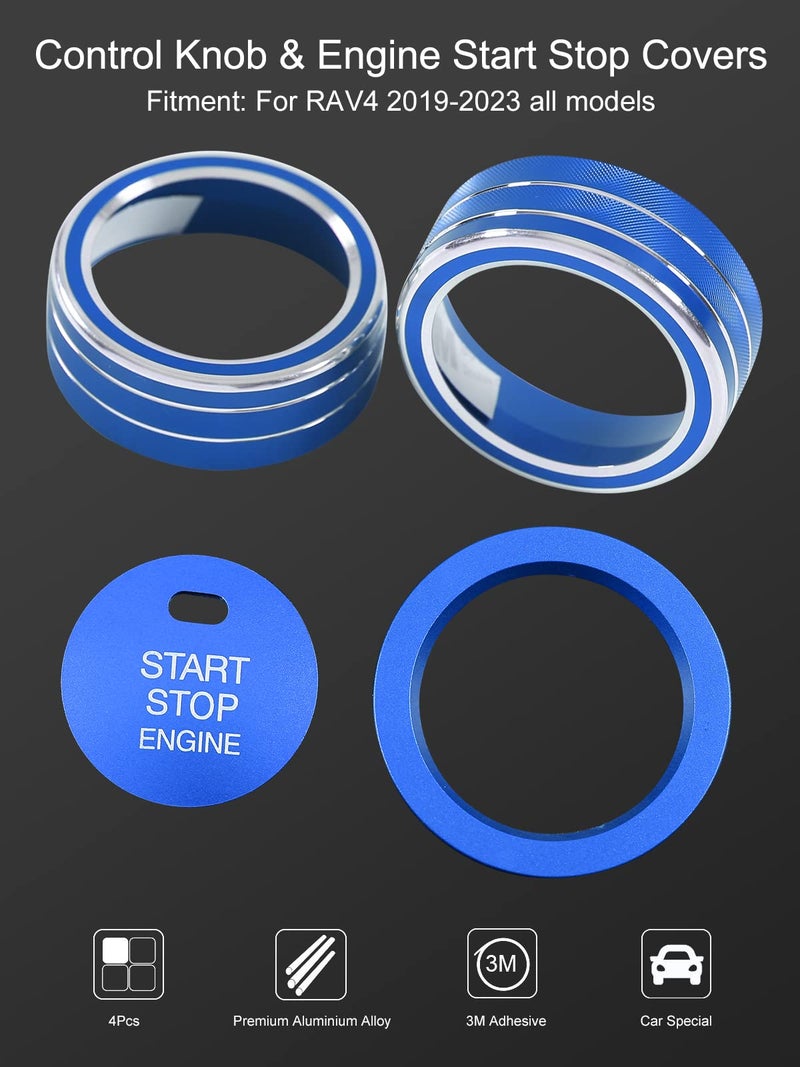 YAKANEY 4 PCS for RAV4 AC Climate Control Knob Rings, Engine Start Cover, Center Console Air Conditioner Switch Button Knob Tims for RAV-4 2019-2025 Interior Conditioning Accessories- Blue - Image 2