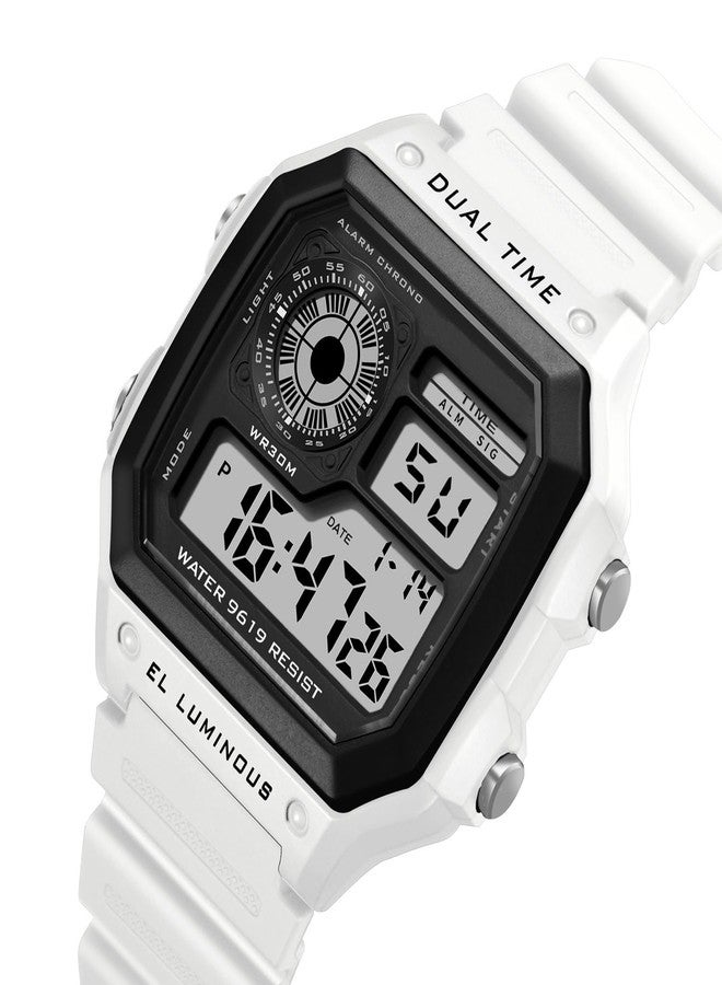 PASOY Men's Digital Multi-Function Watches Dual Time Alarm Stopwatch Countdown Backlight Waterproof Watch, White A, Sports - Image 2