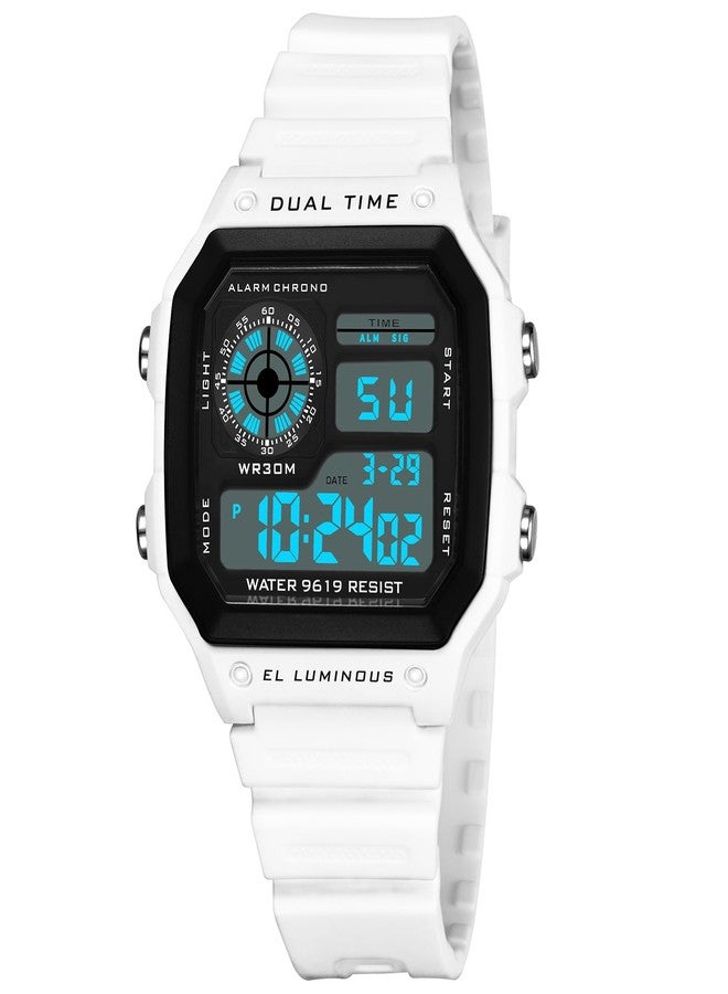 PASOY Men's Digital Multi-Function Watches Dual Time Alarm Stopwatch Countdown Backlight Waterproof Watch, White A, Sports - Image 1