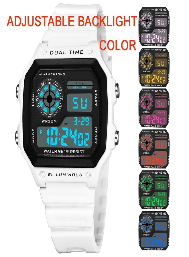 PASOY Men's Digital Multi-Function Watches Dual Time Alarm Stopwatch Countdown Backlight Waterproof Watch, White A, Sports - Image 4