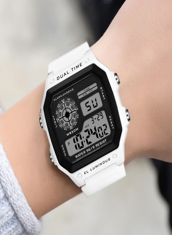 PASOY Men's Digital Multi-Function Watches Dual Time Alarm Stopwatch Countdown Backlight Waterproof Watch, White A, Sports - Image 3