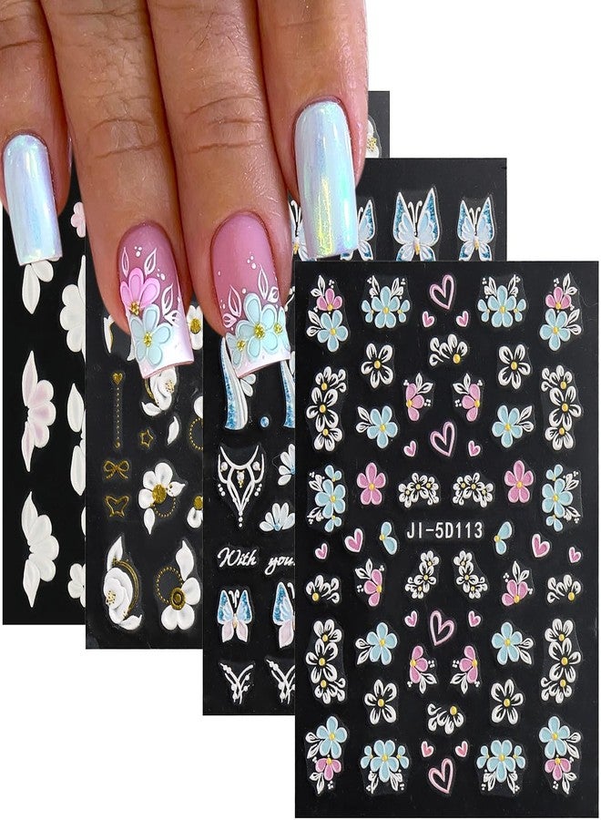 Fcozpjk Acrylic Flowers for Nails 4 Sheets 5D Embossed Floral Nail Decals Colorful Flowers Nail Stickers, Gold Strip Lines Swirls French Tip Nail Stickers, Daisy Butterfly Stickers Pegatinas Uñas - Image 1