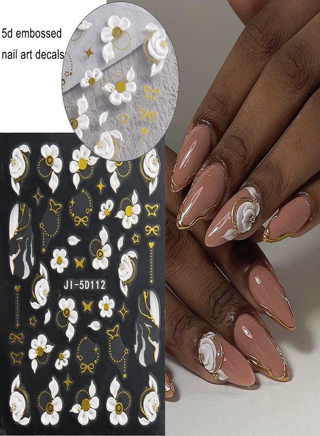 Fcozpjk Acrylic Flowers for Nails 4 Sheets 5D Embossed Floral Nail Decals Colorful Flowers Nail Stickers, Gold Strip Lines Swirls French Tip Nail Stickers, Daisy Butterfly Stickers Pegatinas Uñas - Image 3