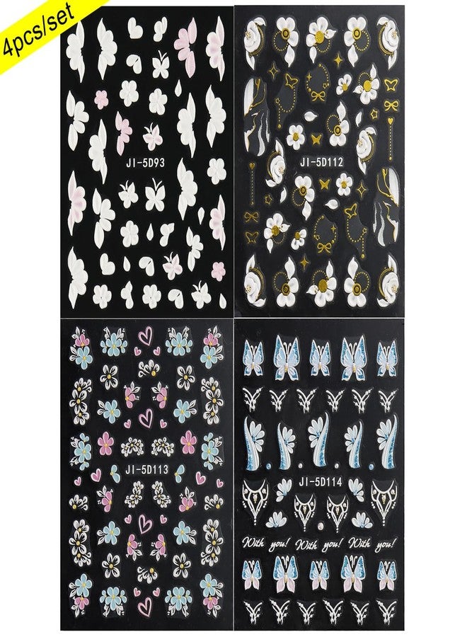 Fcozpjk Acrylic Flowers for Nails 4 Sheets 5D Embossed Floral Nail Decals Colorful Flowers Nail Stickers, Gold Strip Lines Swirls French Tip Nail Stickers, Daisy Butterfly Stickers Pegatinas Uñas - Image 2