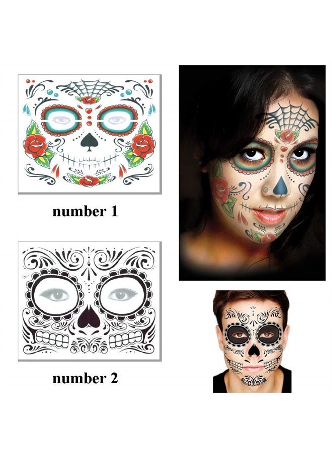 CoutureBridal - Halloween Face Tattoo Stickers Day of the Dead Tattoos Sugar Skull Water Transfer Stickers with Floral Red Rose Black Web Fake Face Mask Temporary Tattoo for Halloween Parties, Masquerade 4 PCS - Image 1