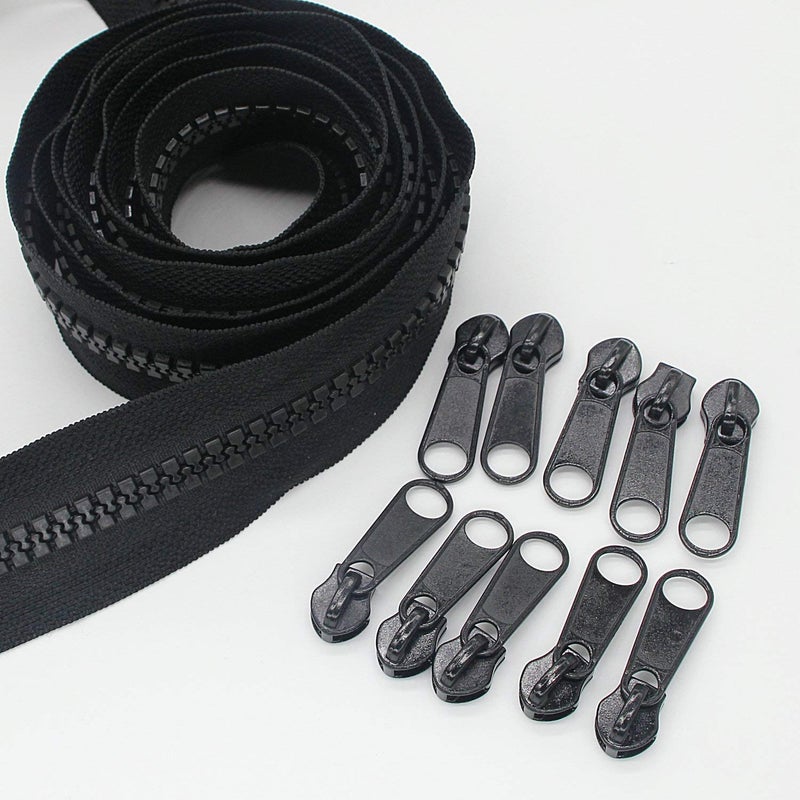 Leekayer 10 Large Plastic Zipper by The Yard Bulk 5 Yards with 10pcs Long Sliders for DIY Sewing Tailor Crafts Bags Tents Black 5 Yards