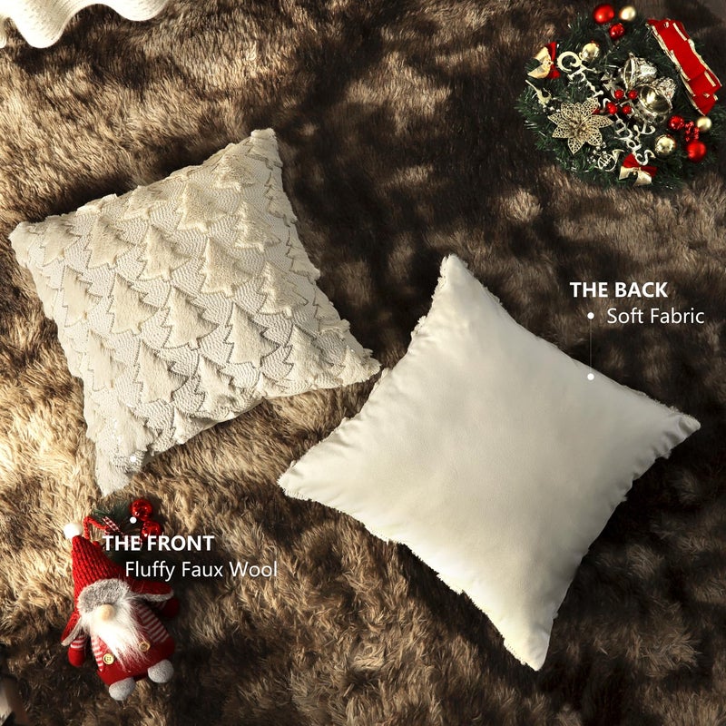 4TH Emotion Christmas Tree Decorative Pillow Covers 18x18 Set of 2  Beige Soft Plush Faux Fur Farmhouse Throw Cushion Cases for Xmas Winter Holiday Home Decorations - Image 5