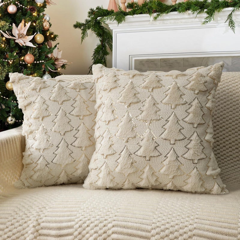 4TH Emotion Christmas Tree Decorative Pillow Covers 18x18 Set of 2  Beige Soft Plush Faux Fur Farmhouse Throw Cushion Cases for Xmas Winter Holiday Home Decorations - Image 1