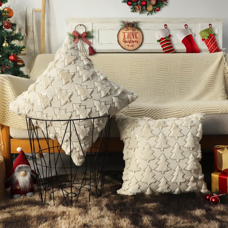 4TH Emotion Christmas Tree Decorative Pillow Covers 18x18 Set of 2  Beige Soft Plush Faux Fur Farmhouse Throw Cushion Cases for Xmas Winter Holiday Home Decorations - Image 4