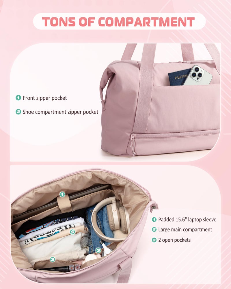 Smasrob Travel Duffle Bag with Shoe Compartment and Laptop Sleeve for Women, Lightweight Weekender Duffel Bag for Travel, Gym, Hospital Labor Delivery, Pink - Image 2
