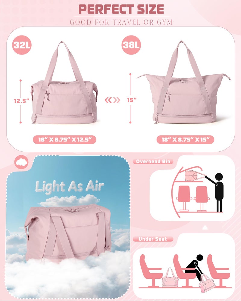 Smasrob Travel Duffle Bag with Shoe Compartment and Laptop Sleeve for Women, Lightweight Weekender Duffel Bag for Travel, Gym, Hospital Labor Delivery, Pink - Image 4