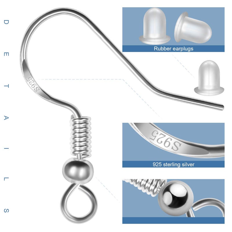MENKEY 925 Sterling Silver Earring Hooks 120 PCS/60 Pairs, Ear Wires Fish Hooks, Hypo-allergenic Jewelry Findings Parts with 120 PCS Clear Silicone Earring Backs - Image 3