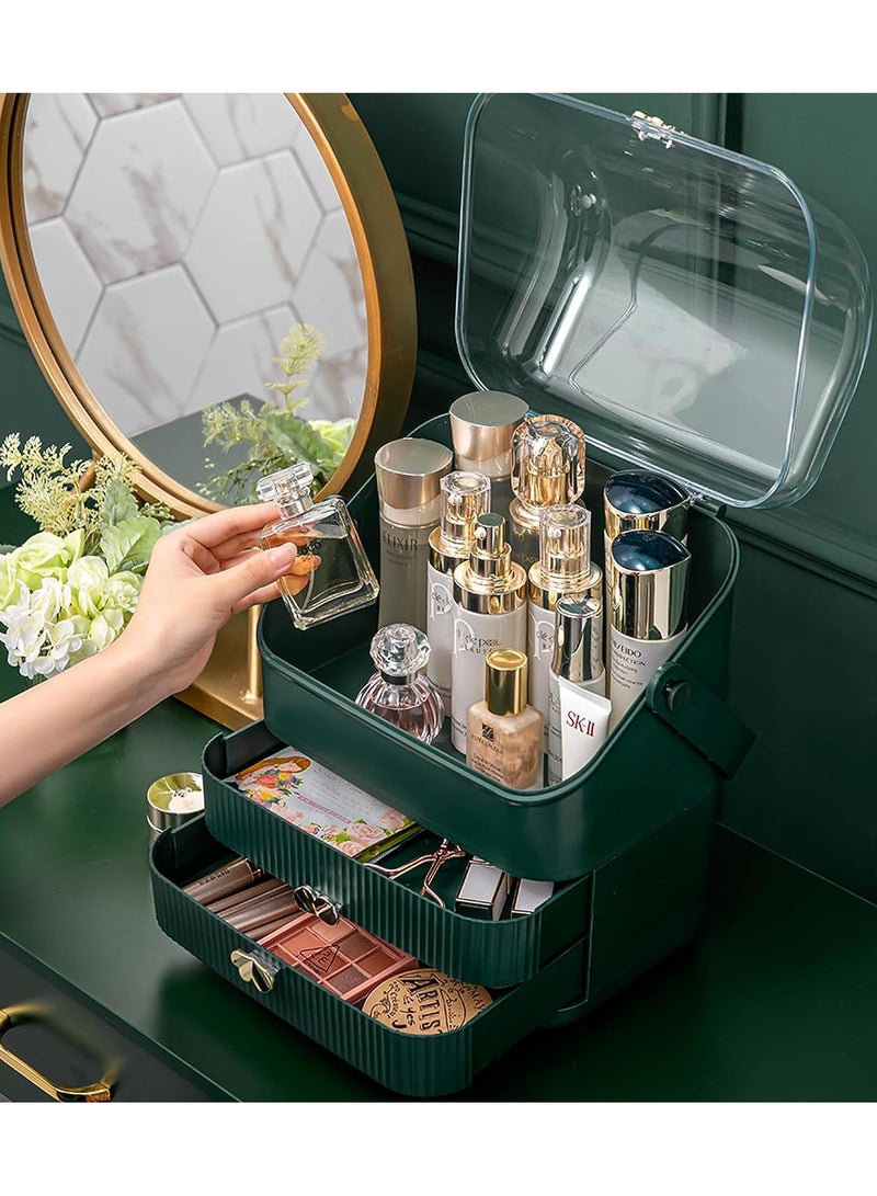 شاربدو 3 طبقة مستحضرات التجميل تخزين الرف مستحضرات التجميل تخزين مربع ، والتعامل مع المحمولة مع الغبار يغطي ، 2 الأدراج فسيحة ، ومناسبة جدا لغرفة نوم الحمام الغرور - Image 5