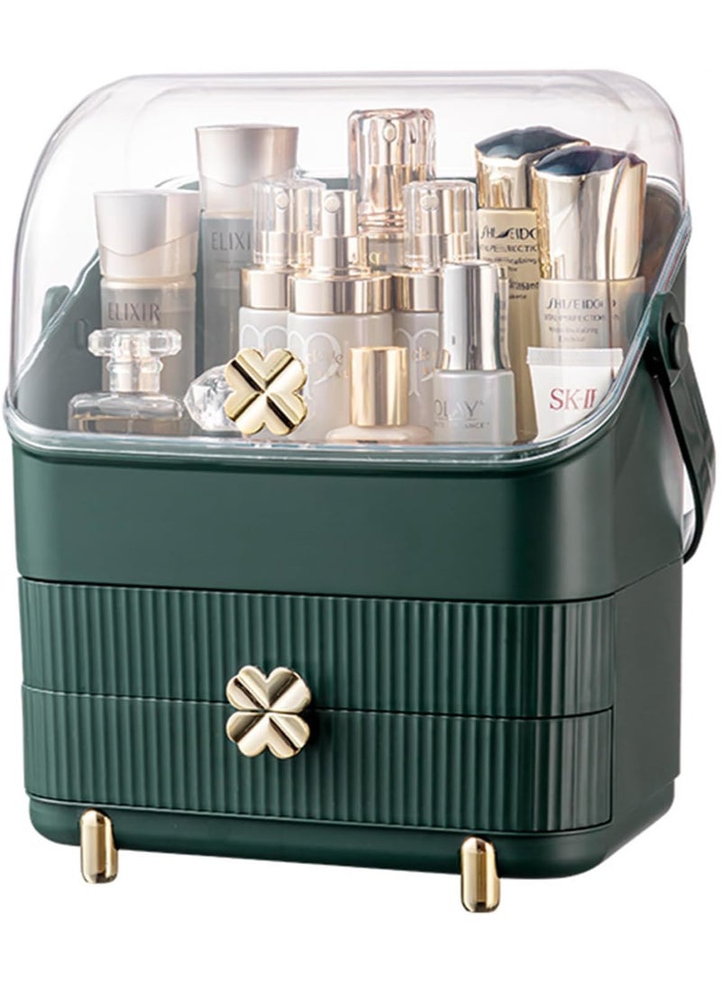 شاربدو 3 طبقة مستحضرات التجميل تخزين الرف مستحضرات التجميل تخزين مربع ، والتعامل مع المحمولة مع الغبار يغطي ، 2 الأدراج فسيحة ، ومناسبة جدا لغرفة نوم الحمام الغرور - Image 1