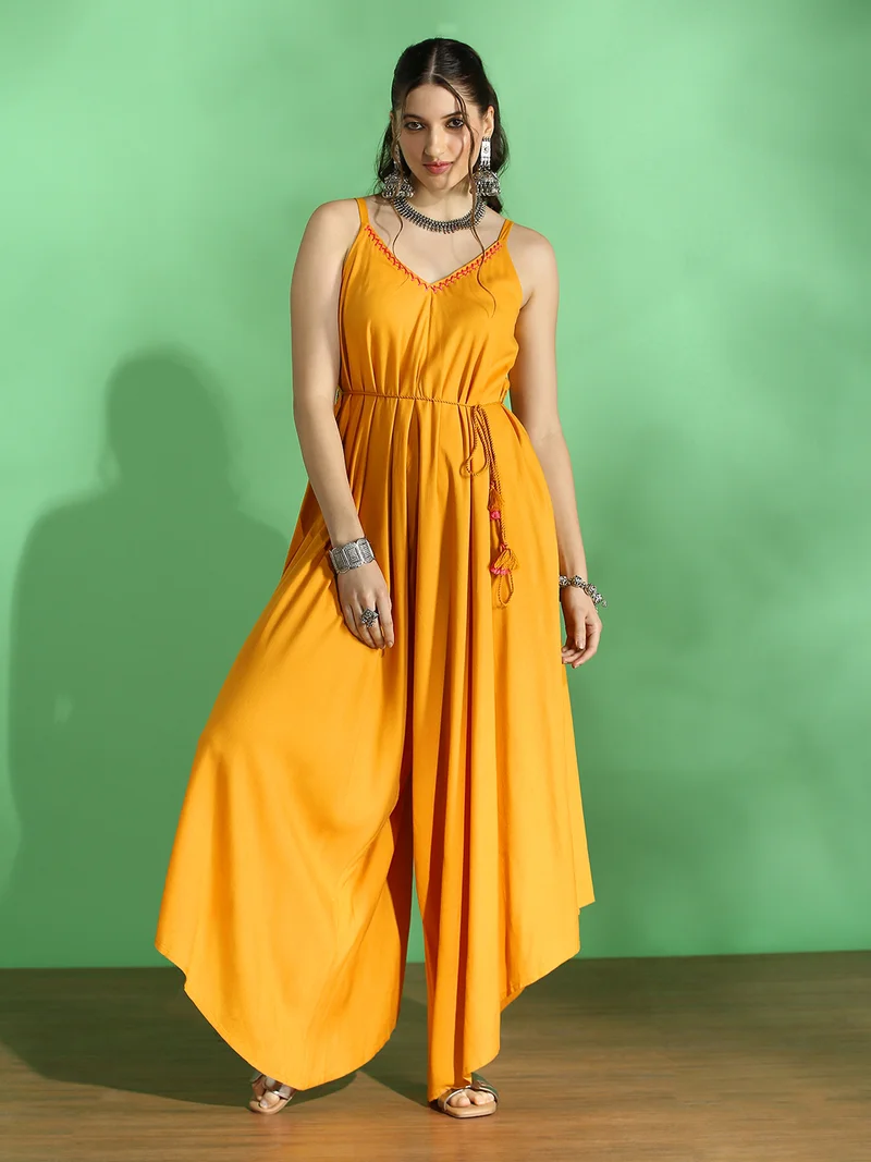 Globus Women Mustard Embroidered V-Neck Strappy Sleeve Waist Tie-Up Asymmetric Flared Hem Fusion Jumpsuit