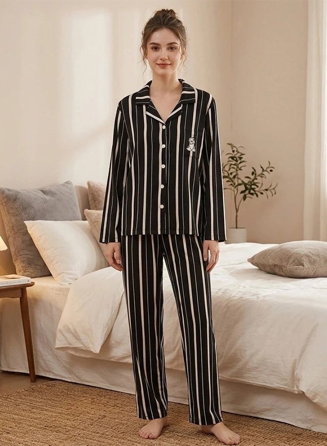 MARGOUN (Large Size) Women’s Striped Pajama Set – Long Sleeve Button-Down Shirt and Long Pants Nightwear – Soft Silk-Feel Loungewear with Cute Cat Motif – 2-Piece Sleepwear Set - Black