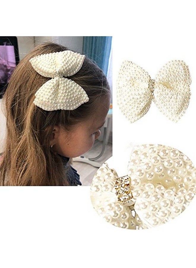 Yeaplike - 2 Pack 3.5Inch White Rhinestone Hair Bows For Girls Cute Pearls Hair Bow With Alligator Hair Clips Beads Hairgrip For Kids Toddlers Teens Ldren - Image 1