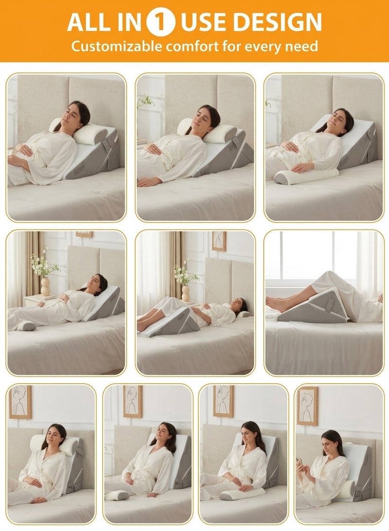 Samira 3PCS Wedge Pillow Set, Orthopedic Bed Wedge Pillow Set, Triangle Adjustable Support Pillow, Memory Foam Wedge Pillows, Wedge Pillow Headboard for After Surgery,Acid Reflux, Orthopedic Pillow Wedge for Back Pain Relief, Gerd, White-gray - Image 4