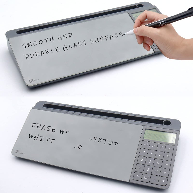 TOWON Desktop Glass Whiteboard with Basic Calculator, 12 Digit LCD Display, Desk Organizers with Accessories for Office, Home, School Supplies, Storage with Dry Erase Board Surface, Gray, 18'' x 6'' - Image 5