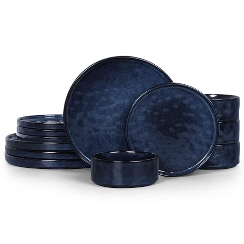 LIANYU طقم أدوات المائدة من LIANYU من الخزف 12 قطعة أطباق وأوعية لطقم 4 مطبخ مزخرف أدوات مائدة عشاء آمنة في الميكروويف وغسالة الصحون باللون الأبيض القطبي