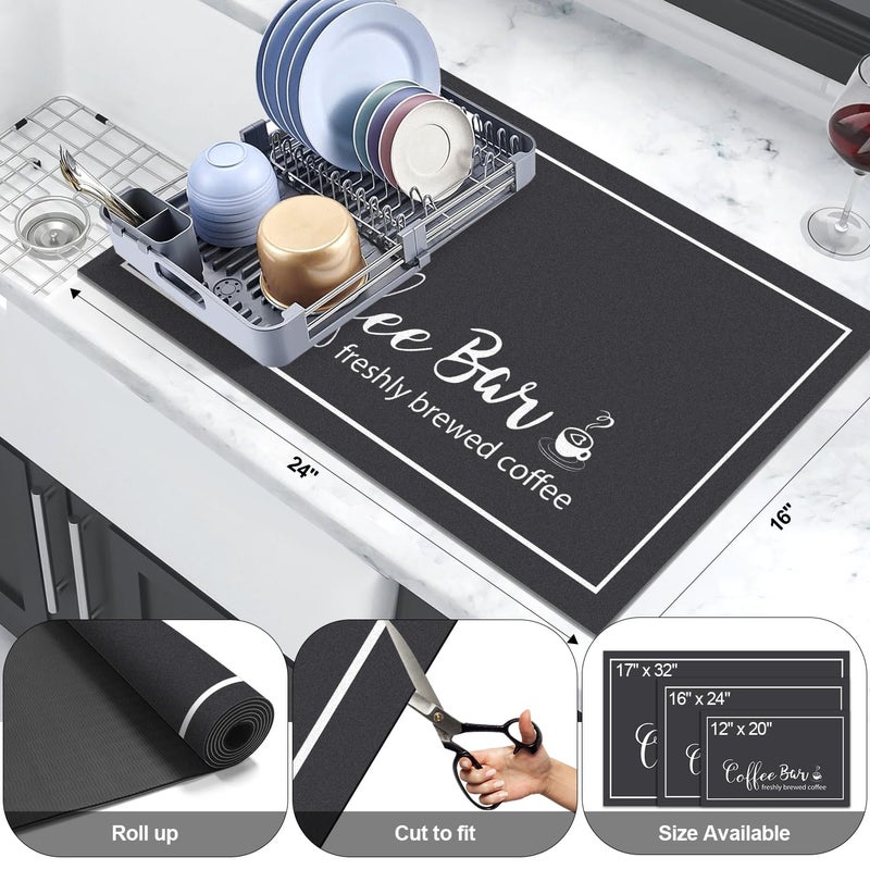Findosom Dish Drying Mat, 16"x 24" Super Absorbent & Hide Stain Coffee Mat, Cuttable Drying Mat for Kitchen Counter, Coffee Bar Accessories, Under Dish Rack, Coffee Maker, Espresso Machine, Black - Image 2
