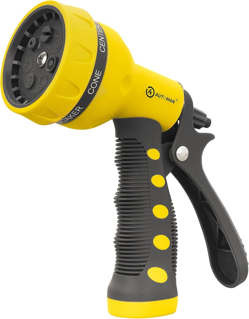 AUTOMAN -Garden-Hose-Nozzle,ABS Water Spray Nozzle with Heavy Duty 7 Adjustable Watering Patterns,Slip Resistant for Watering Plants,Lawn& Garden,Washing Cars,Cleaning,Showering Pets - Yellow - Image 1